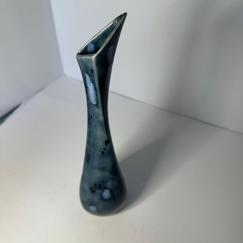 Tall Triangular Pottery Single Stem Vase in Blues Handmade Artist Signed 12 1/4”